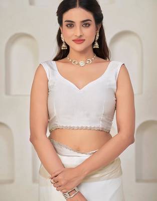 White color satin silk blend with foil patta & zircon handwork border saree 4