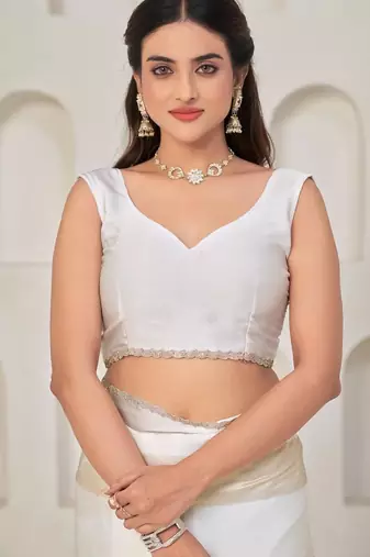 White color satin silk with foil patta & zircon handwork border saree