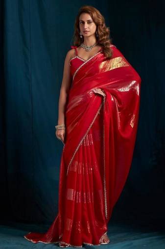 Rani color satin silk with foil patta & zircon handwork border saree