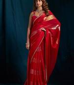 Rani color satin silk with foil patta & zircon handwork border saree