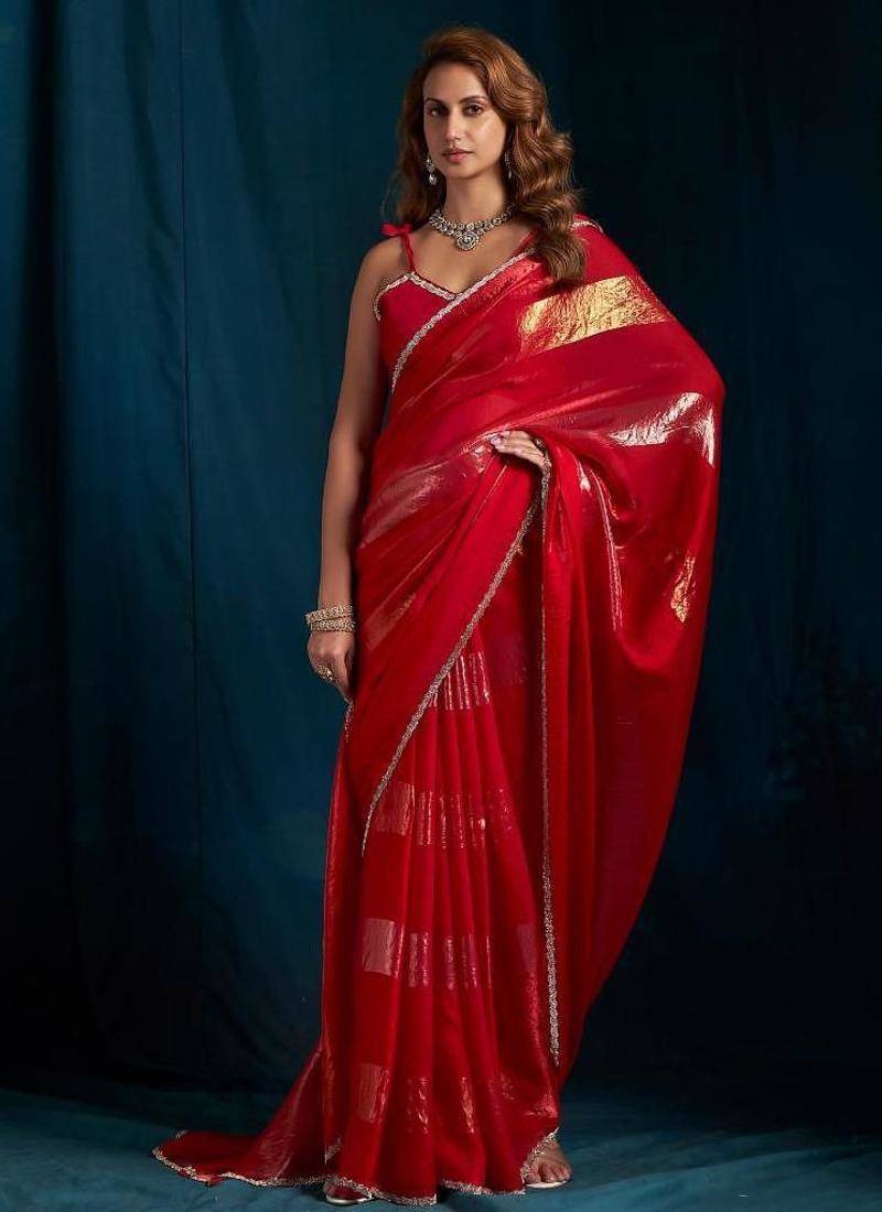 Rani color satin silk with foil patta & zircon handwork border saree