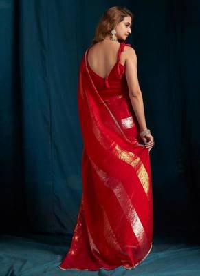 Rani color satin silk blend with foil patta & zircon handwork border saree 3