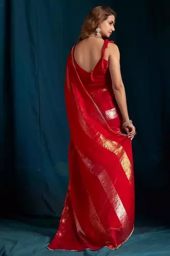 Rani color satin silk with foil patta & zircon handwork border saree