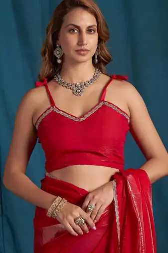Rani color satin silk with foil patta & zircon handwork border saree