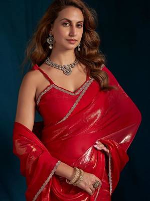 Rani color satin silk blend with foil patta & zircon handwork border saree 5