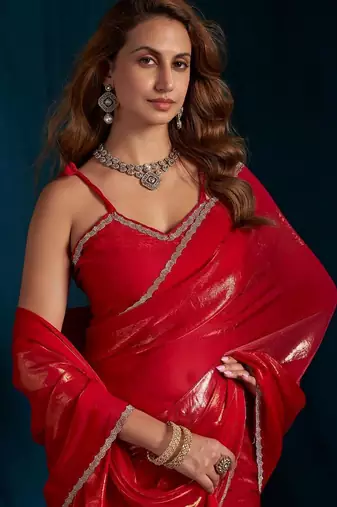 Rani color satin silk with foil patta & zircon handwork border saree