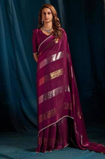 Wine color satin silk with foil patta & zircon handwork border saree