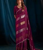 Wine color satin silk with foil patta & zircon handwork border saree