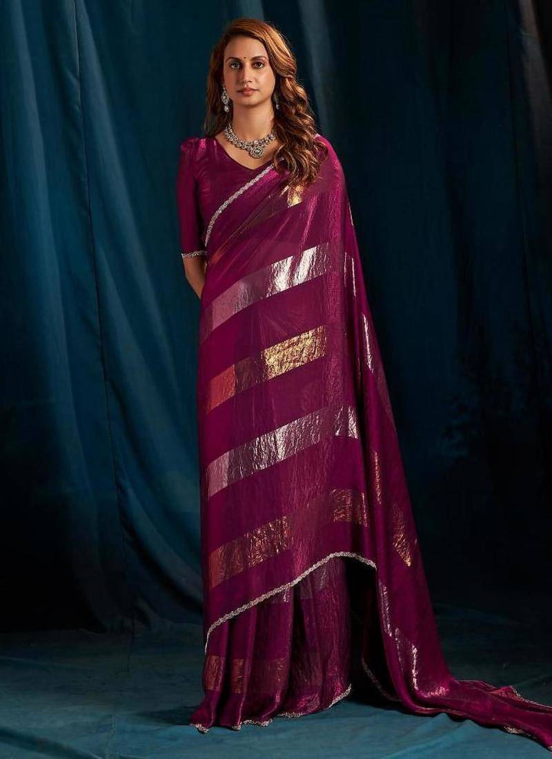 Wine color satin silk with foil patta & zircon handwork border saree