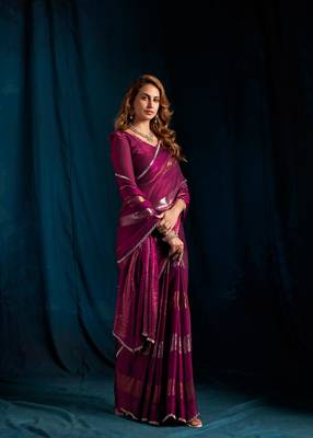Wine color satin silk blend with foil patta & zircon handwork border saree 2