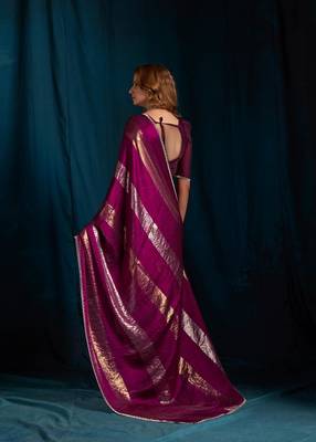 Wine color satin silk blend with foil patta & zircon handwork border saree 3