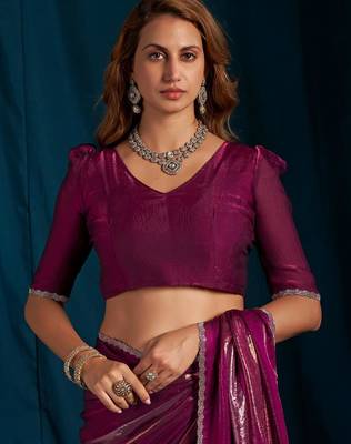 Wine color satin silk blend with foil patta & zircon handwork border saree 4