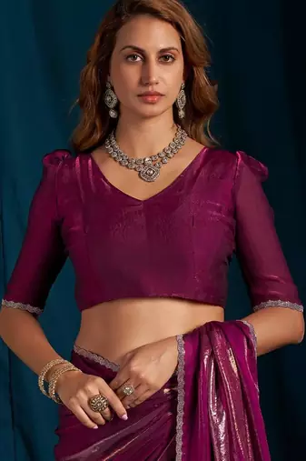 Wine color satin silk with foil patta & zircon handwork border saree