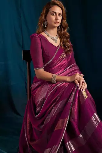 Wine color satin silk with foil patta & zircon handwork border saree