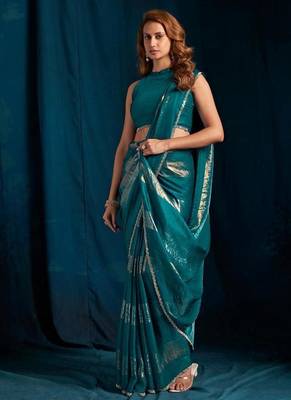 Rama color satin silk blend with foil patta & zircon handwork border saree 1