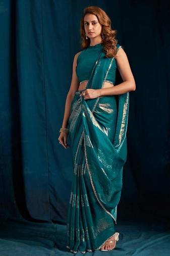 Rama color satin silk with foil patta & zircon handwork border saree