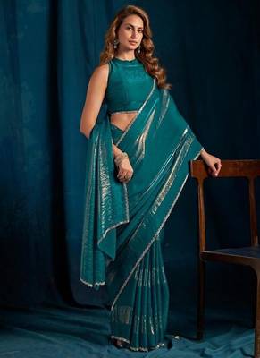 Rama color satin silk blend with foil patta & zircon handwork border saree 2