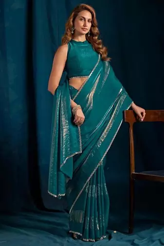 Rama color satin silk with foil patta & zircon handwork border saree