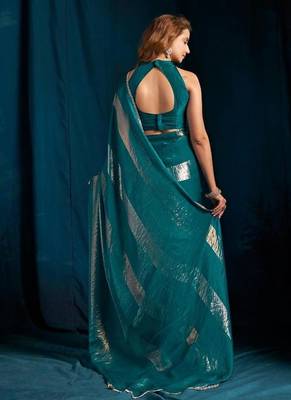 Rama color satin silk blend with foil patta & zircon handwork border saree 3