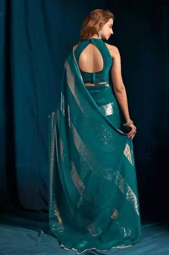 Rama color satin silk with foil patta & zircon handwork border saree