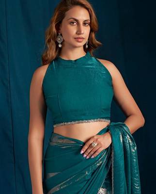 Rama color satin silk blend with foil patta & zircon handwork border saree 4