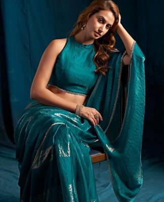 Rama color satin silk blend with foil patta & zircon handwork border saree 5