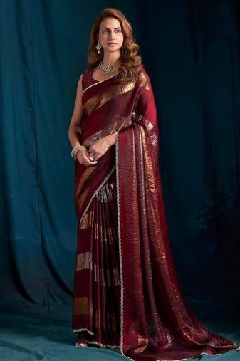 Maroon color satin silk with foil patta & zircon handwork border saree