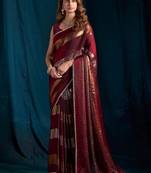 Maroon color satin silk blend with foil patta & zircon handwork border saree