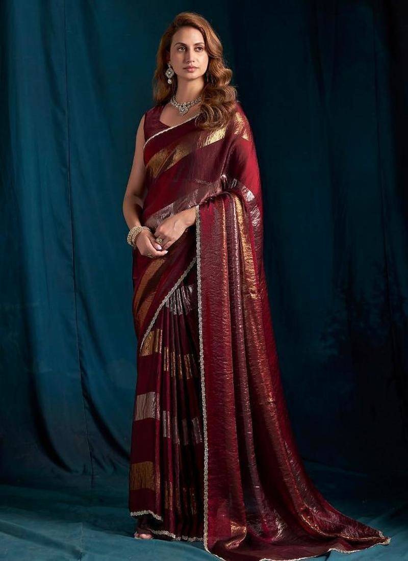 Maroon color satin silk with foil patta & zircon handwork border saree