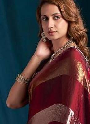 Maroon color satin silk blend with foil patta & zircon handwork border saree 2