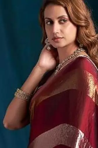 Maroon color satin silk with foil patta & zircon handwork border saree