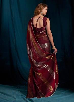 Maroon color satin silk blend with foil patta & zircon handwork border saree 3