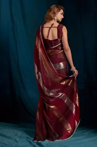 Maroon color satin silk with foil patta & zircon handwork border saree