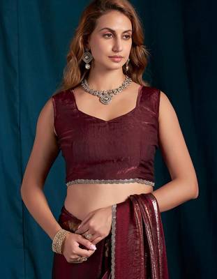 Maroon color satin silk blend with foil patta & zircon handwork border saree 4