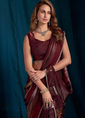 Maroon color satin silk blend with foil patta & zircon handwork border saree 5