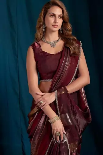 Maroon color satin silk with foil patta & zircon handwork border saree