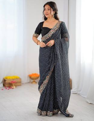 Black faux georgette bandhni print & embroidered border saree 1
