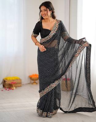 Black faux georgette bandhni print & embroidered border saree 2