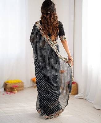 Black faux georgette bandhni print & embroidered border saree 3