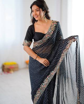 Black faux georgette bandhni print & embroidered border saree 4