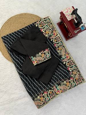 Black faux georgette bandhni print & embroidered border saree 5