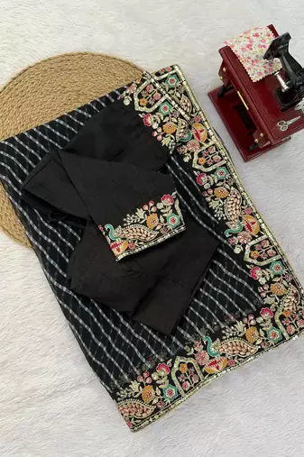 Black color faux georgette bandhni print & embroidered border saree