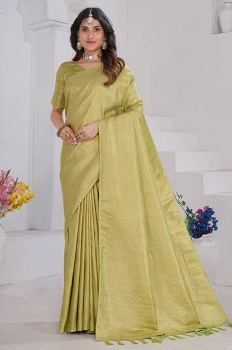 Light Green Pure Kanjeevaram Silk Rose Floral Woven Zari Design Saree With Blouse