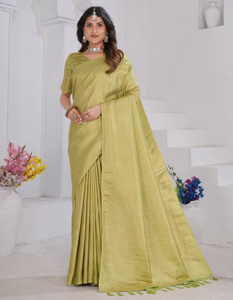 Light Green Pure Kanjeevaram Silk Rose Floral Woven Zari Design Saree With Blouse