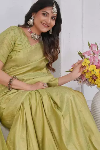 Light Green Pure Kanjeevaram Silk Rose Floral Woven Zari Design Saree With Blouse
