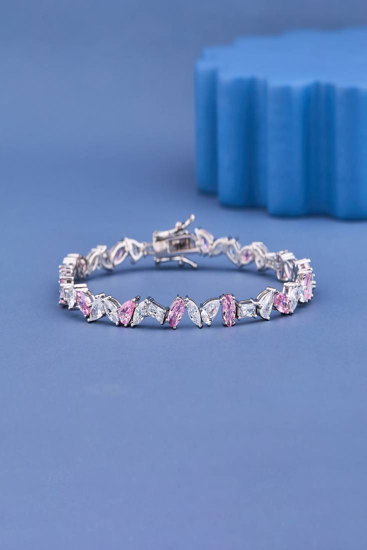 Pink White Marquise Cut Moissanite Tennis Bracelet, 925 Sterling Silver
