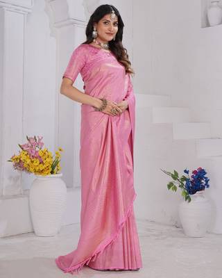 Light Pink Pure Kanjeevaram Silk Rose Floral Woven Zari Design Saree With Blouse 1
