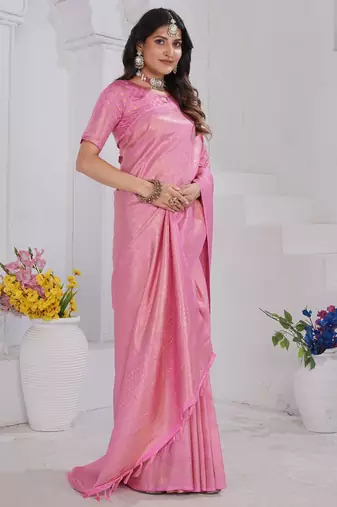 Light Pink Pure Kanjeevaram Silk Rose Floral Woven Zari Design Saree With Blouse