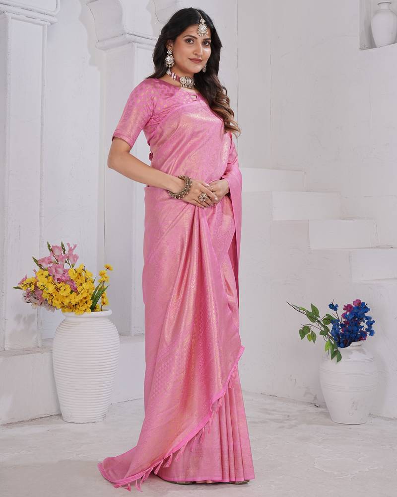 Light Pink Pure Kanjeevaram Silk Rose Floral Woven Zari Design Saree With Blouse