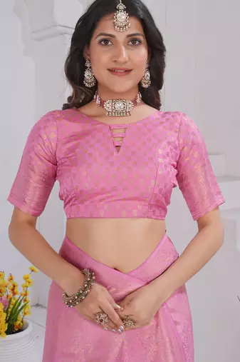 Light Pink Pure Kanjeevaram Silk Rose Floral Woven Zari Design Saree With Blouse